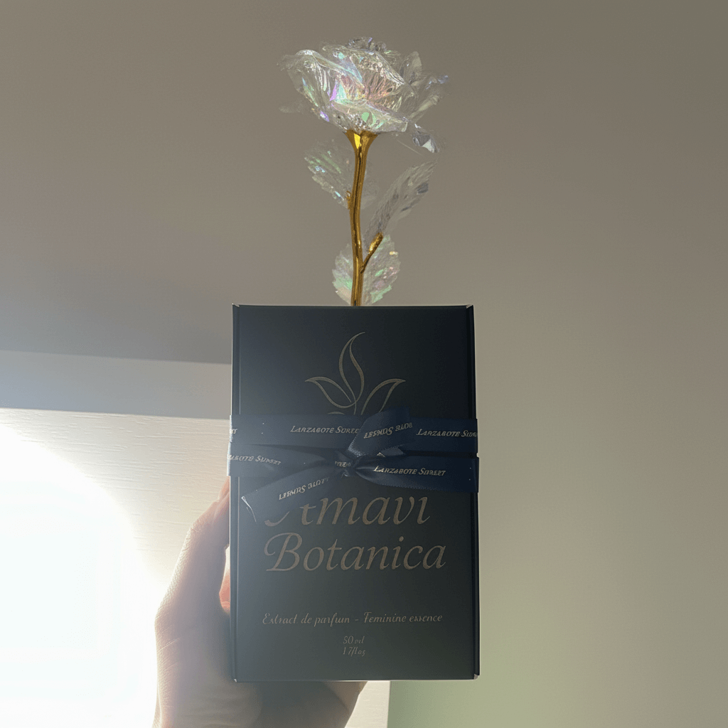 Iridescent rose in a black box with 'Amavi Botanica' branding.