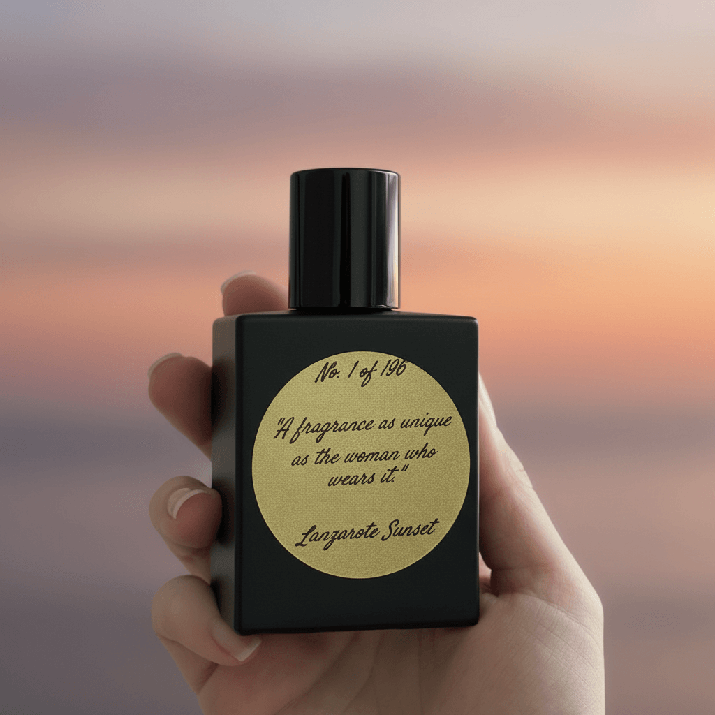 Perfume bottle with a label held in a hand against a blurred sunset background