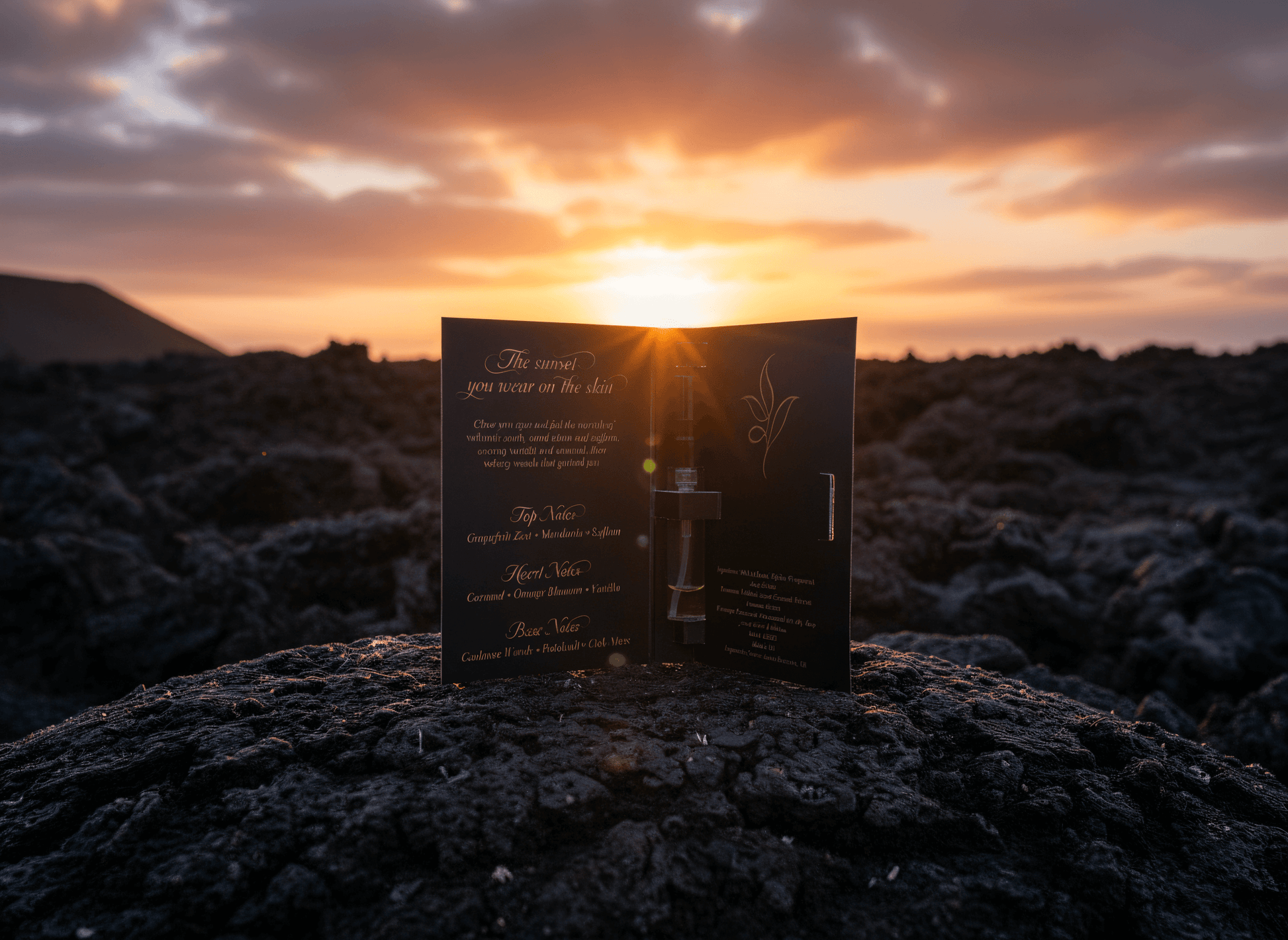 Lanzarote Sunset 2ml sample showcasing botanical notes perfume sample against a stunning sunset backdrop.